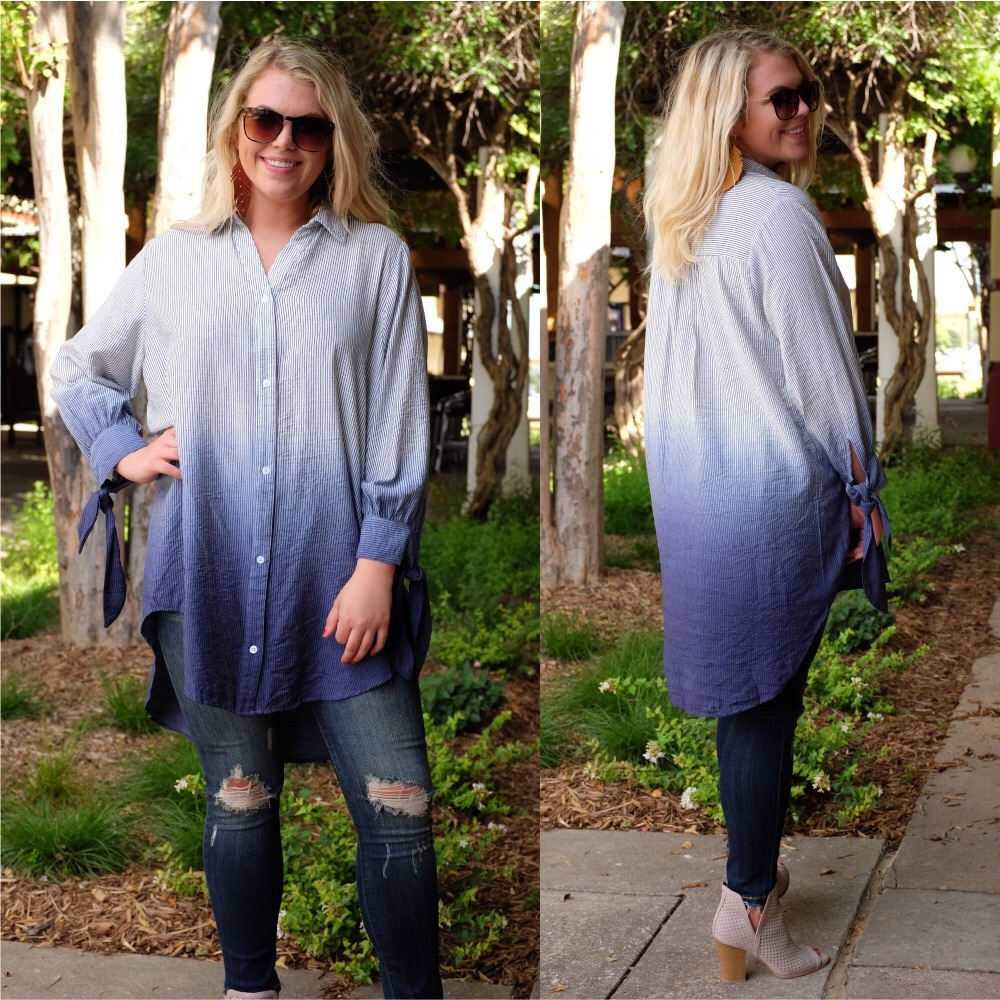 PLUS Blue Pin Stripe Dip Dye Button Down Tunic